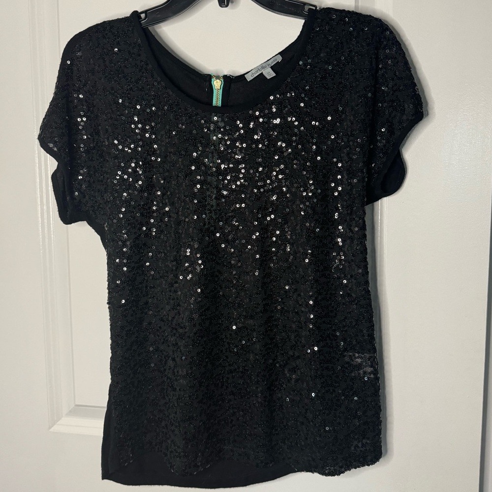 Charlotte Russe Black Sequin Semi-Transparent Short Sleeve Shirt Women’s M